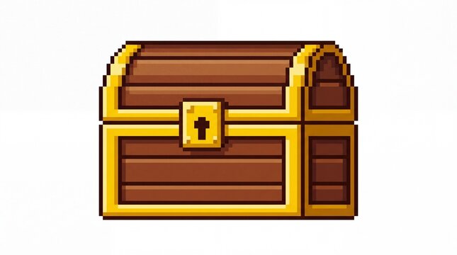 Detailed wooden treasure chest featuring gold accents designed in classic retro style on white background