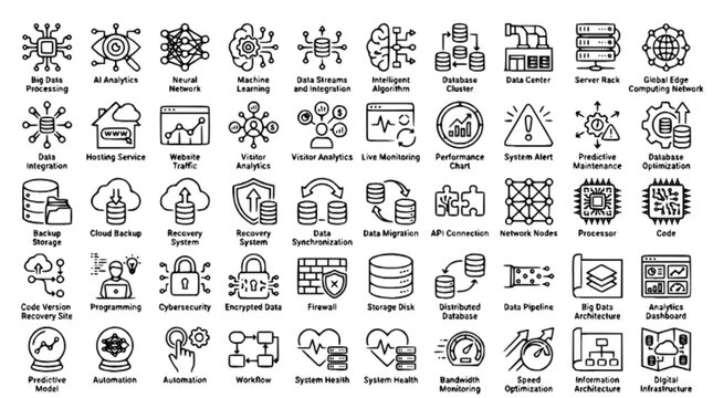 Data AI Server Monitoring and Backup Thin Line Icon Collection