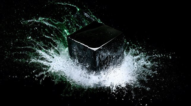 Dark stone cube bursts forth revealing hidden power a mesmerizing abstract water motion design
