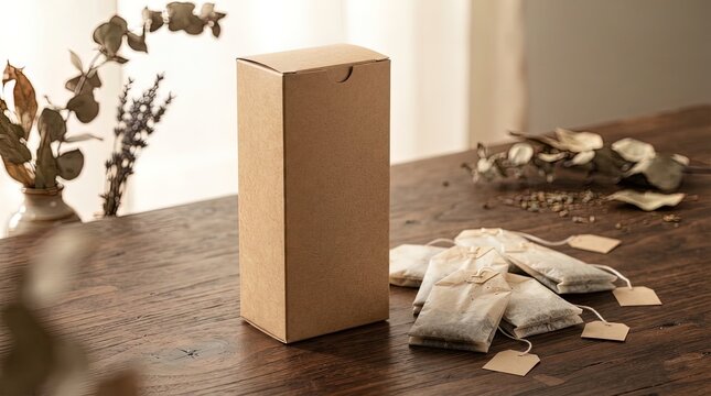 Tall cardboard box with tea bags and dried plant elements