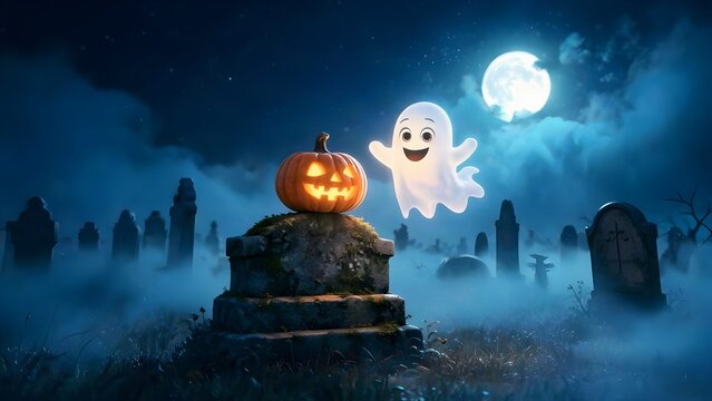 Halloween: piccolo fantasma carino e gentile in un cimitero di notte con una zucca illuminata