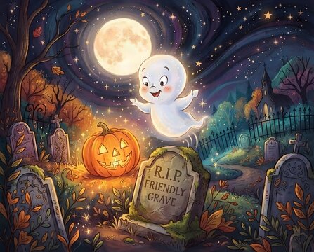 Halloween: piccolo fantasma carino e gentile in un cimitero di notte con una zucca illuminata
