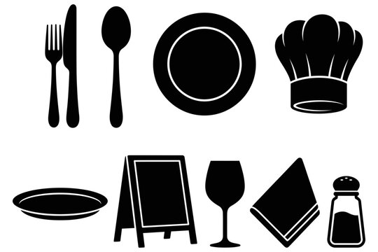 Black silhouettes of restaurant elements including cutlery plate chef hat and table setting
