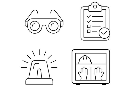 Safety equipment icons including goggles checklist warning light and protective gloves