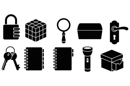 Black silhouette icons representing mystery solving puzzles secrets and investigation