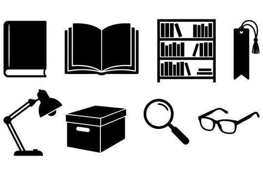 Black silhouette icons representing reading research and learning concepts on white background