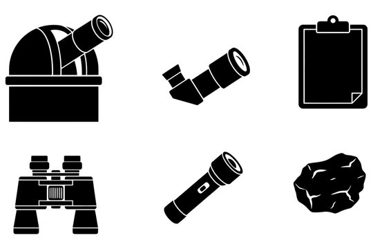 Black silhouette icons representing astronomy exploration tools and scientific study
