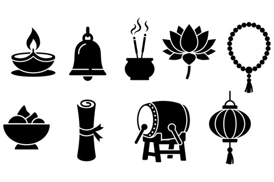 Collection of black silhouette icons representing elements of eastern spirituality and culture