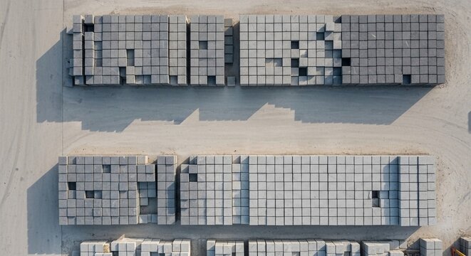 Aerial view of stacks of gray concrete paving stones ready for construction at an industrial factory yard.