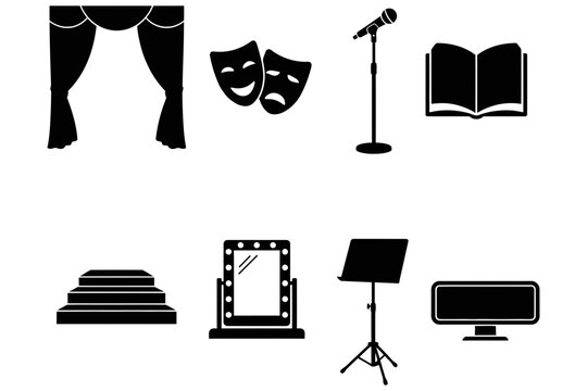 Black silhouette icons representing theater elements including stage curtains and props