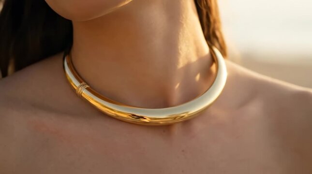 Woman wearing gold choker necklace at sunset