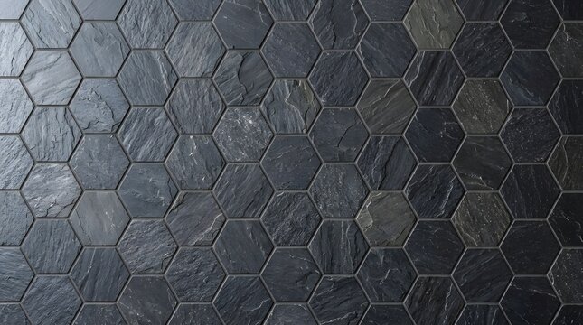dark slate tile wall background made of natural stone hexagonal elements arranged in geometric pattern for modern interior design and architectural decoration