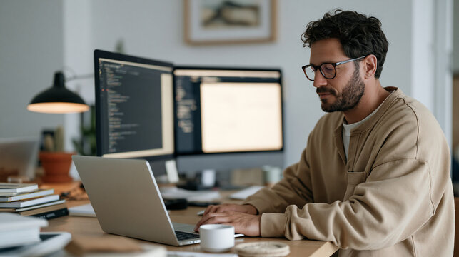 Penetration tester at a standing desk reviews firewall logs across dual monitors in a quiet countryside co working space during year end security audit, single professional