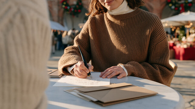 Calligrapher's steady hand addresses holiday cards in flowing copperplate script at a sunlit outdoor courtyard table as golden hour stretches across artisan market stalls and