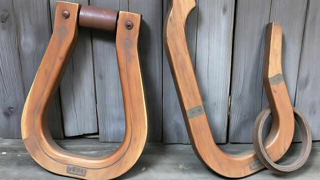 Two old wooden ox yokes with rusted iron rings against plank wall, agricultural heritage concept