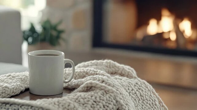 A warm beverage mug resting on a chunky knitted blanket, beside a glowing hearth fire, generating a serene domestic atmosphere, perfect for a cozy winter evening inside.