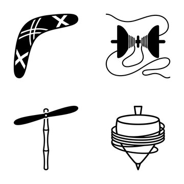 Traditional classic toys vector icon collection with boomerang, diabolo yo-yo, bamboo copter, and spinning top