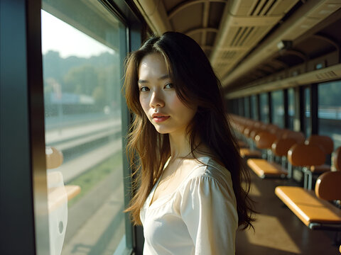 Retrato de mujer asi&aacute;tica junto a la ventana de un tren