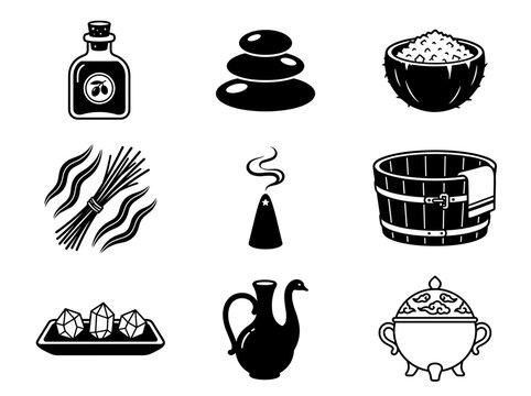 Spa Wellness Relaxing Therapy Equipment Line Vector Icon Collection Featuring Essential Oil Hot Stones Incense Burner