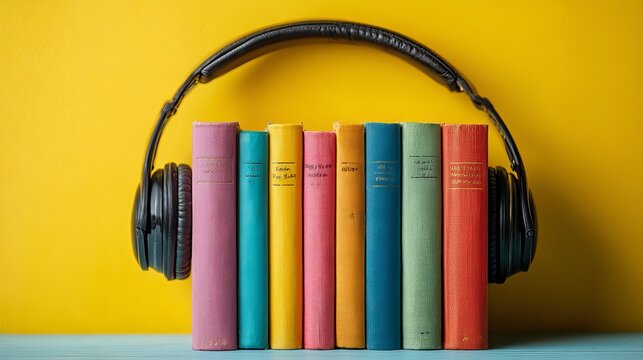 Assorted colorful books lined up with over-ear headphones hanging above them creating an auditory learning experience