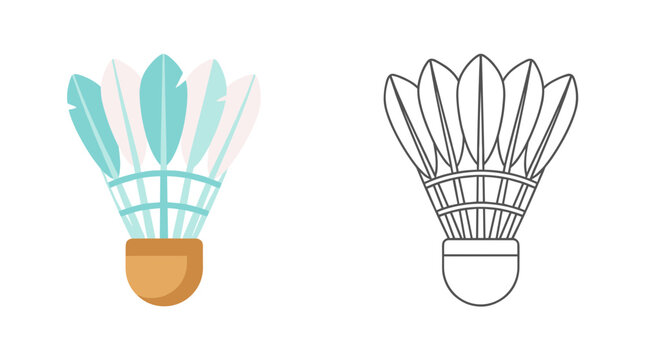 Badminton shuttlecock equipment set with colorful flat and line art drawing icon for sports design