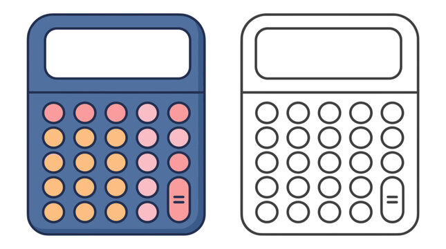 Electronic desk calculator vector illustration set with colorful keys beside minimal line art graphic design