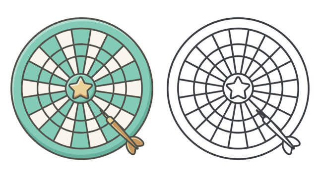 Target dartboard vector set featuring star center and hit dart beside black line art coloring template