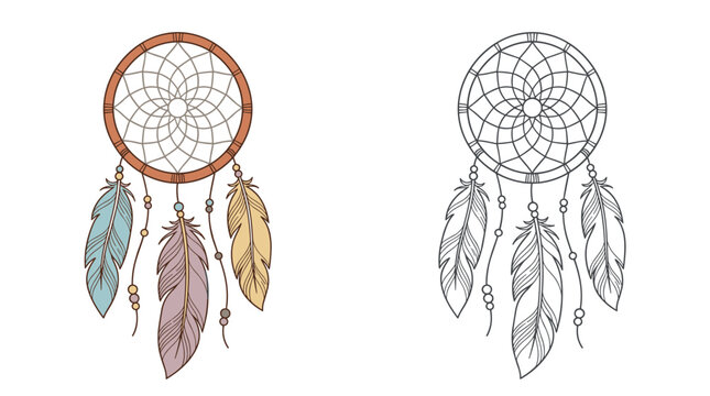 Native American Dreamcatcher Feather Amulet Vector Illustration with Line Art Page for Coloring