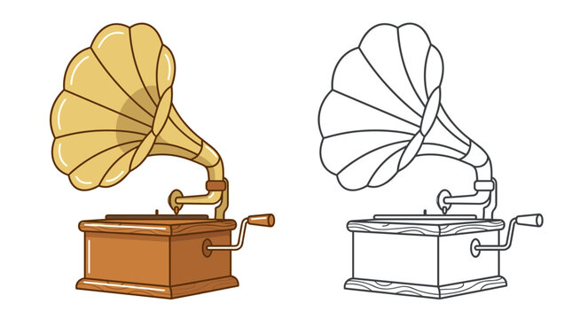 Vintage Phonograph Gramophone Vector Illustration Set with Outline Coloring Page for Retro Music Lovers