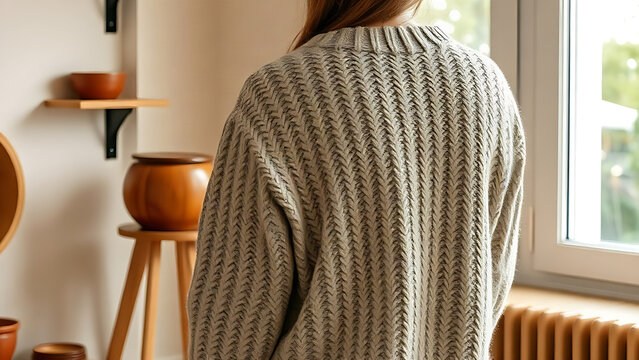 Person in chunky knit sweater beside carved wooden alphorn and fondue pot, alpine lifestyle display concept