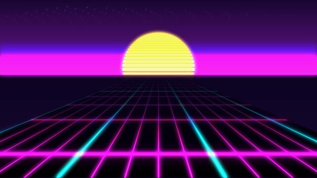 Retro futuristic sunset with neon grid. 2d animation