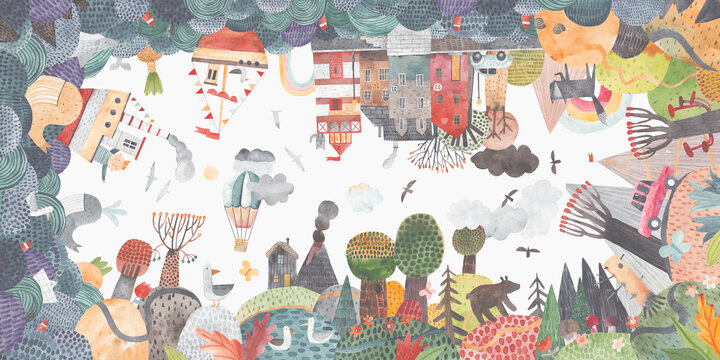 Travel around the world by ship, car and hot air balloon. Watercolor illustration. Children's poster. Horizontal illustration. Cute landscape.
