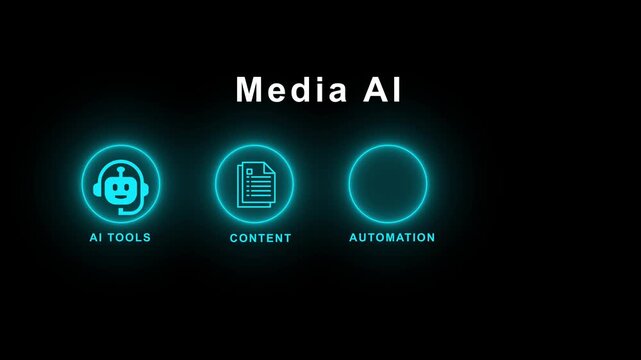 Media ai technology ecosystem featuring glowing icons for tools content automation and passive income streams for modern digital business strategy