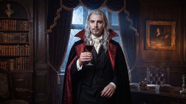 Elegant vampire  or count dracula in vintage library holding a glass of red wine