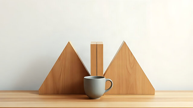 Two identical triangular bookends in row on oak desk with ceramic cup, minimalist desk organization concept