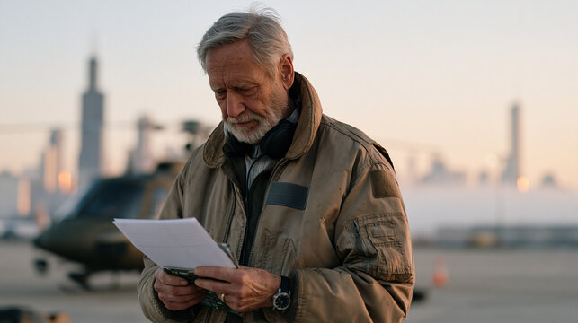 Elderly helicopter pilot in worn flight jacket standing beside grounded aircraft at a misty December airfield reviewing circuit boards pulled from salvaged electronics, a towering