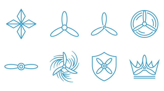 Minimalist propeller line icon set featuring turbine fan vector elements for industrial power and energy branding