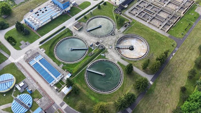 Drone aerial of sewage treatment basins and utility infrastructure