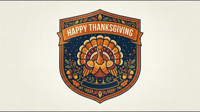 Animated Happy Thanksgiving badge emblem featuring a turkey, autumn leaves, and acorns.