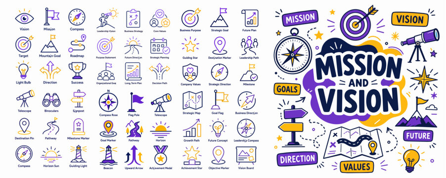 Mission and vision line icon set illustrating business strategy for future goals, core values, success, a clear target, and strategic direction