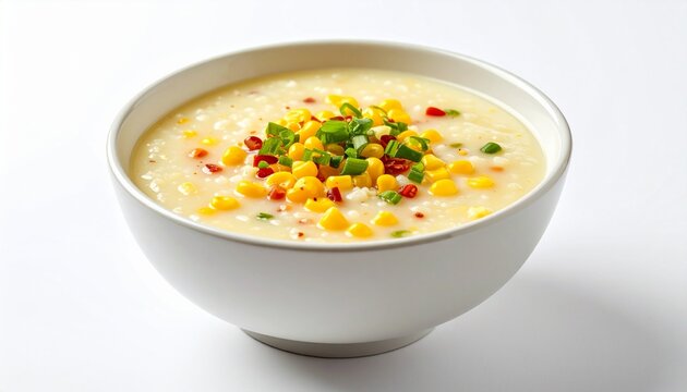 creamy sweet corn chowder soup garnished with fresh green herbs