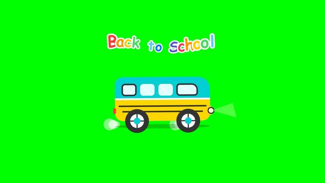 Back to school concept with cartoon bicycle riding animation on chroma key green screen background