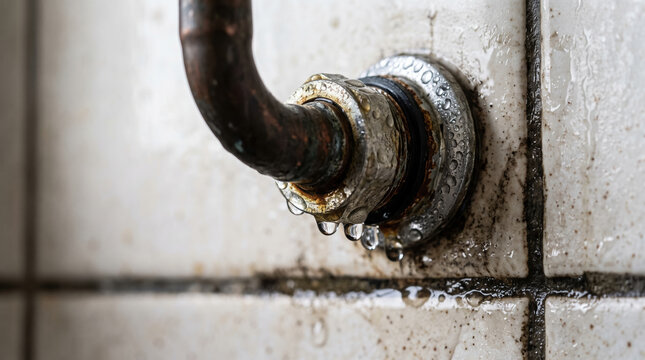 Pipe seal leak with droplets on rusty metal pipe and wet tiled wall showing water damage and corrosion