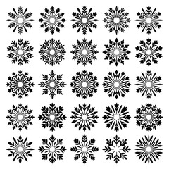 Obraz premium Twenty-five black snowflake and floral star arranged in a grid on a white background, for various and, layout applications