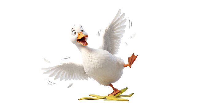 Clumsy white duck slipping on a banana peel falling down with arms flailing accident character surprise isolated background illustration movement expression slapstick