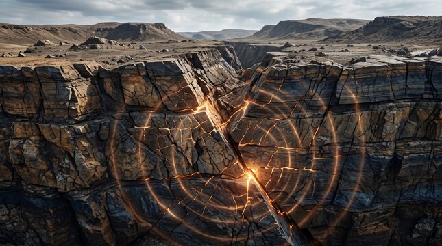 Earthquake epicenter concept with glowing fault line cracks and seismic energy waves radiating through rocky canyon