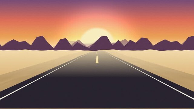 Desert highway at sunset with mountain backdrop. 2d animation