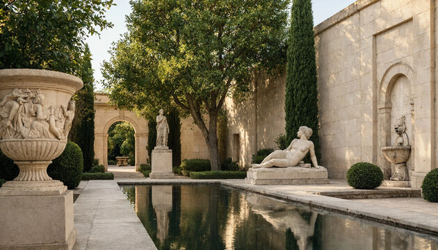 Classical garden courtyard with a reflective pool, stone statues of reclining figures, large decorative urns, and tall cypress trees at sunset