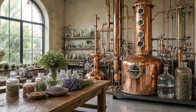 Copper distillation equipment in a rustic workshop with glass jars filled with dried herbs, flowers, and botanical ingredients on a table