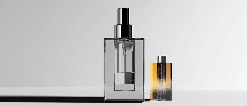 Modern perfume bottles, one clear and one amber, shown on a minimalist white background
